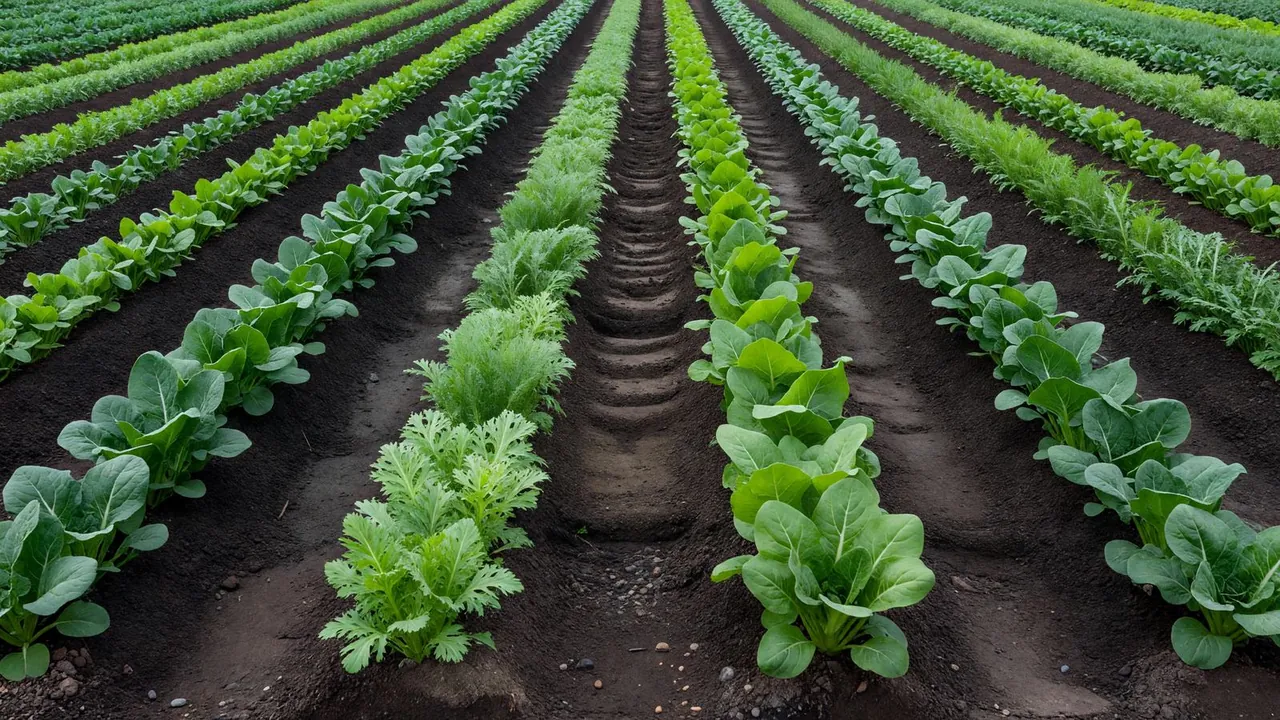 北海道の畑に整然と並ぶ野菜の畝