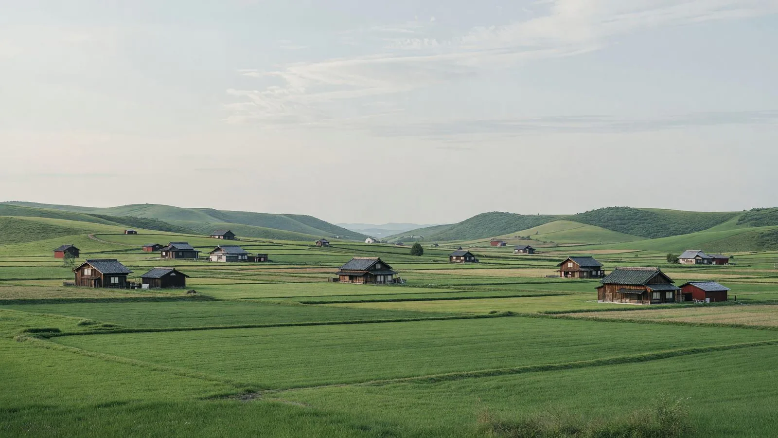 北海道の農村風景、点在する農場