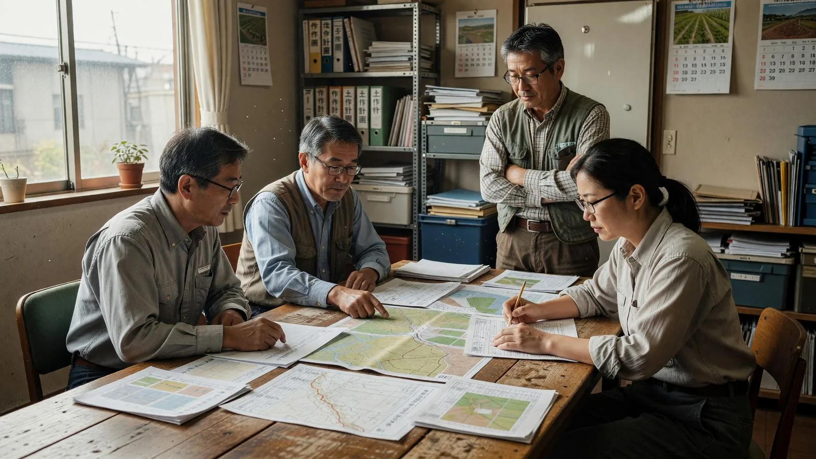 地図を囲んで行われる農場計画のミーティング