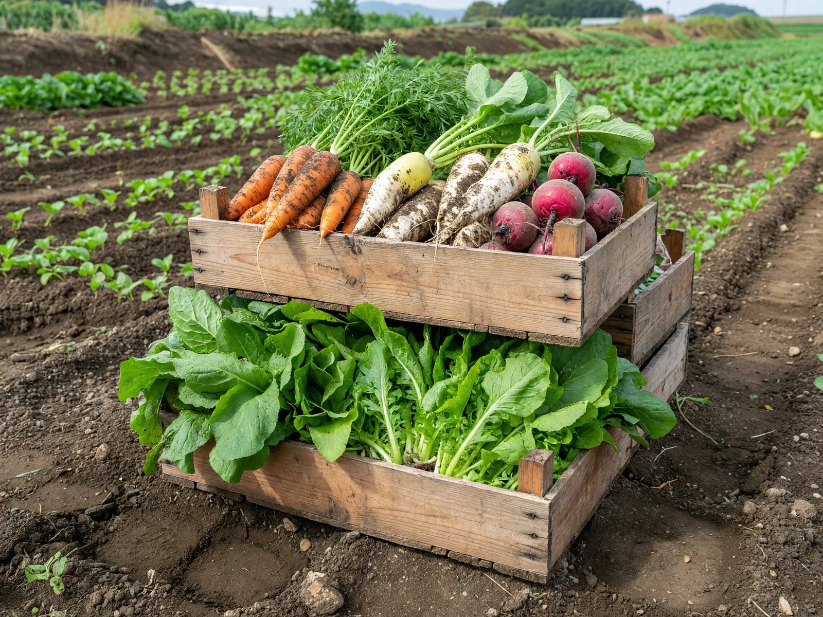 収穫された農産物が並ぶ木箱、圃場のそばにて